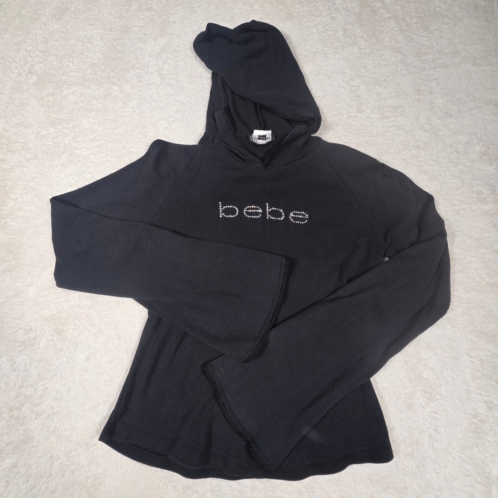 Bebe Hoodie Women Small Black Retro Rhinestone Logo Bell Sleeve Y2K McBling Logo